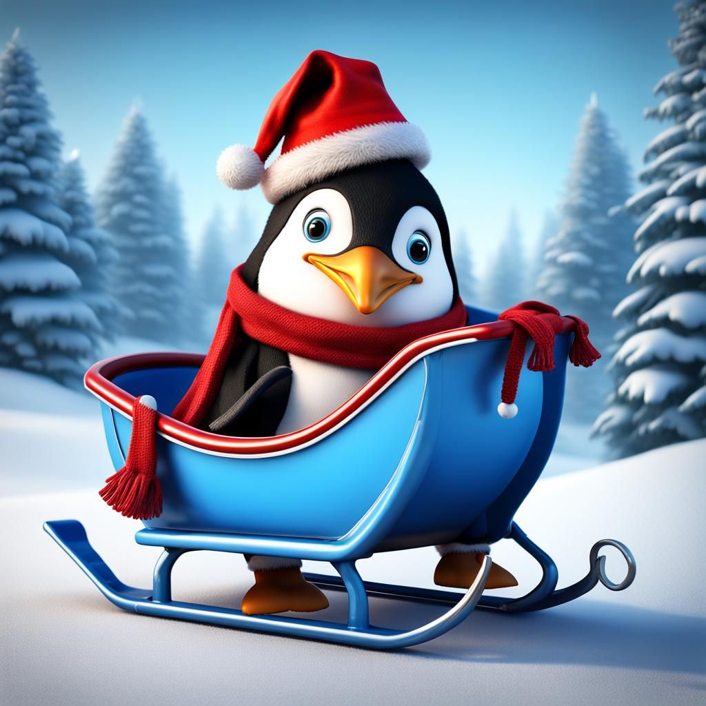 Festive Penguin in Sledge: 3D Christmas Scene