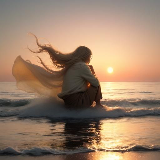 Sunset Beach in Watercolor Style with Film Grain