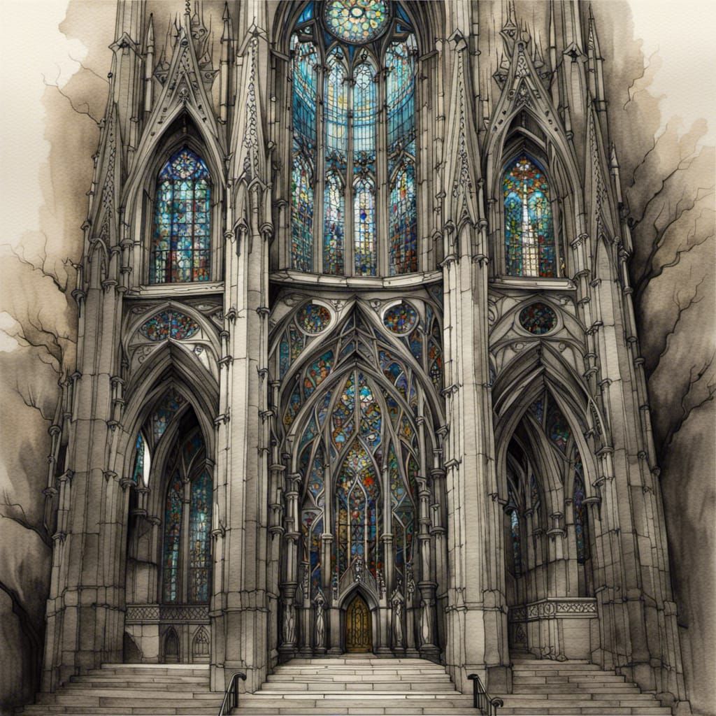 Gothic Cathedral Stained Glass Charcoal Drawing