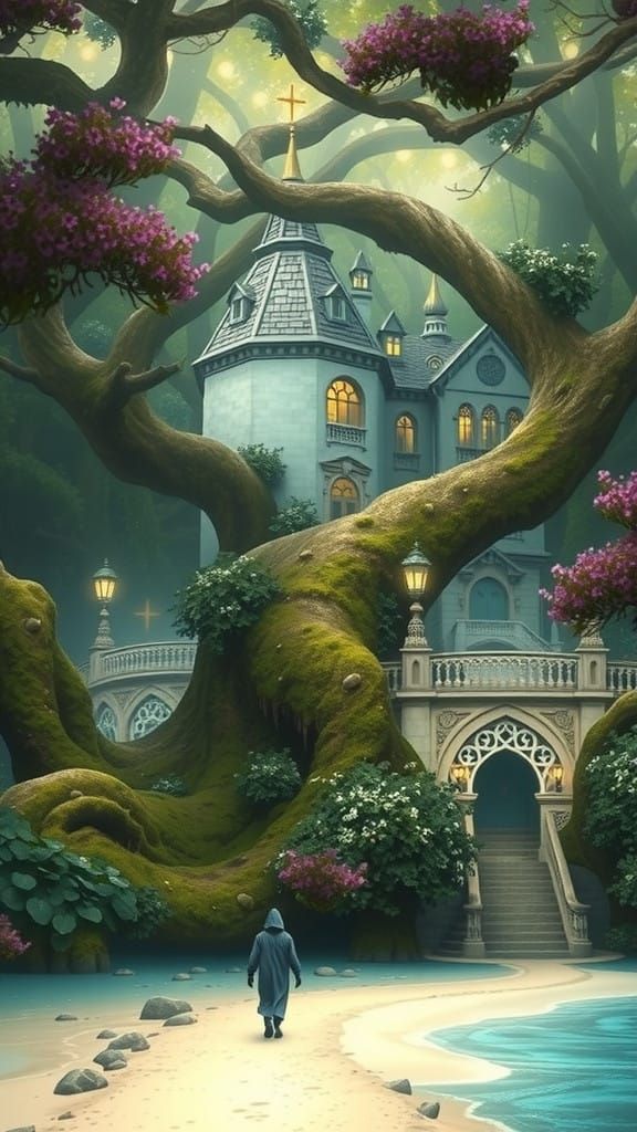 Elegant Victorian Mansion Amidst a Mossy Forest