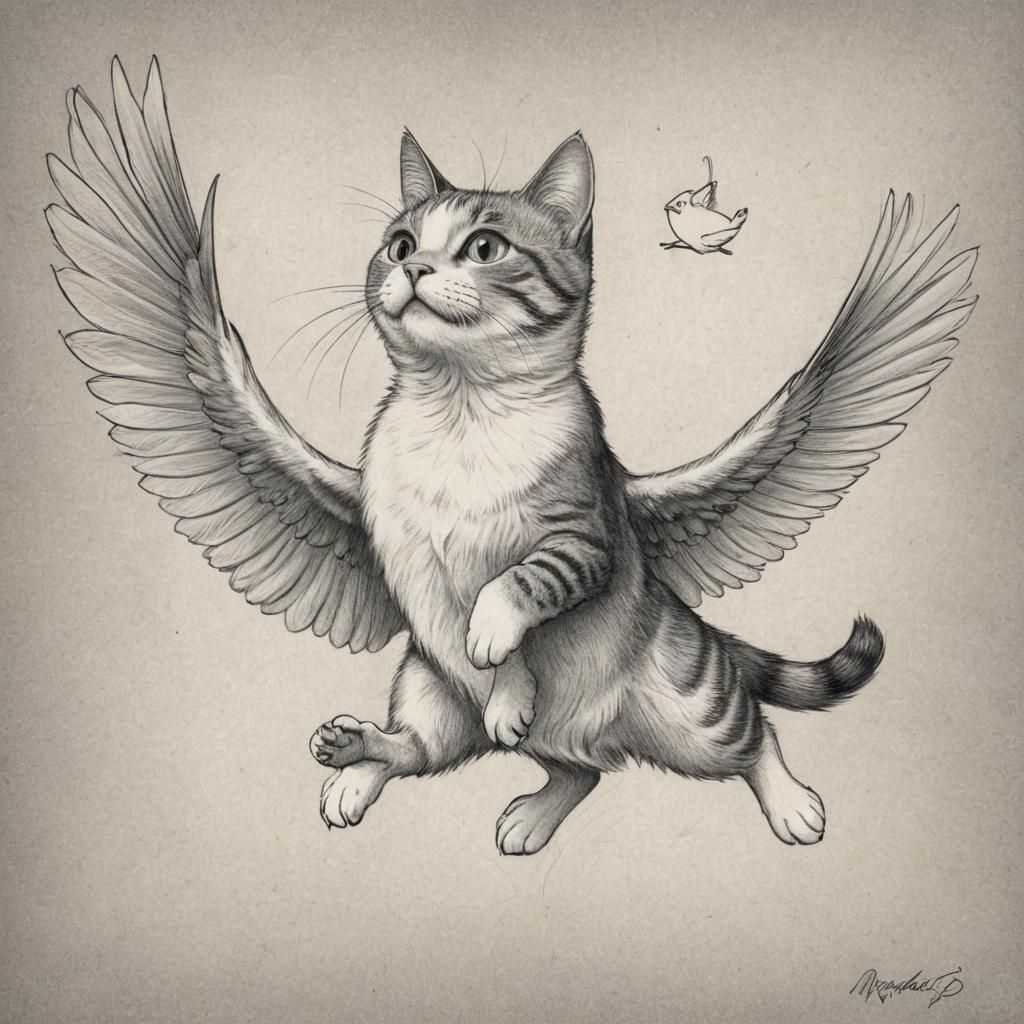 Cat and Bird Sketch in Comic Book Style
