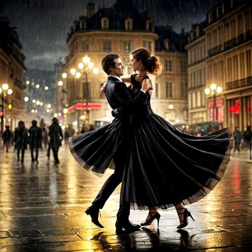 Passionate Tango Dancers in Rainy Paris Street