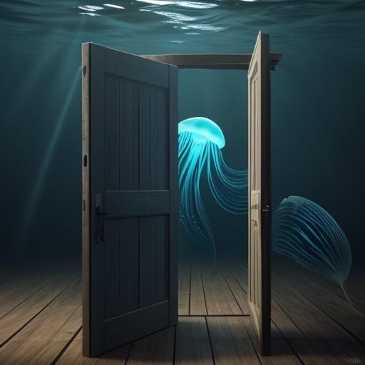 Weathered Door in Ocean Trench with Jellyfish