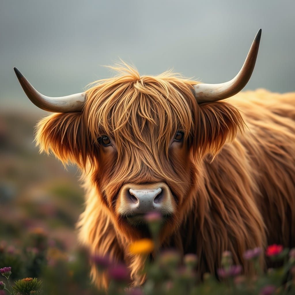 photo realistic close up of a Highland Cow in its natural ha...