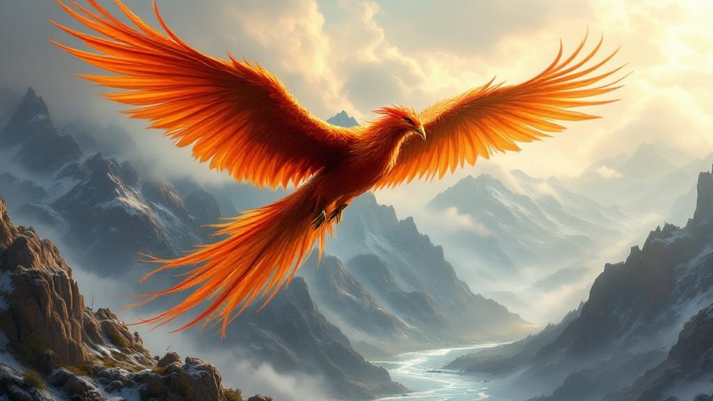 Majestic Phoenix Soars Over Mountains and Rivers