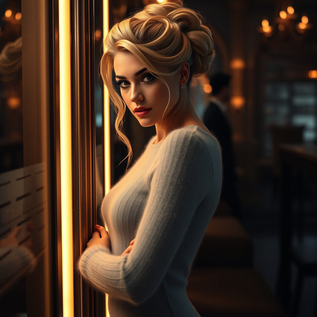 Elegant Blond Woman in Dimly Lit Bar