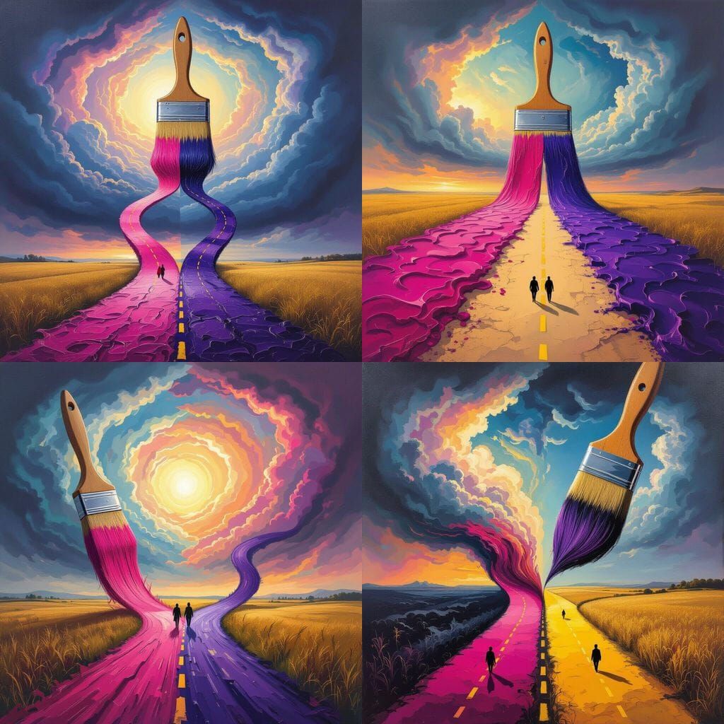 Surreal Painting of Life Path Choices in Vivid Colors