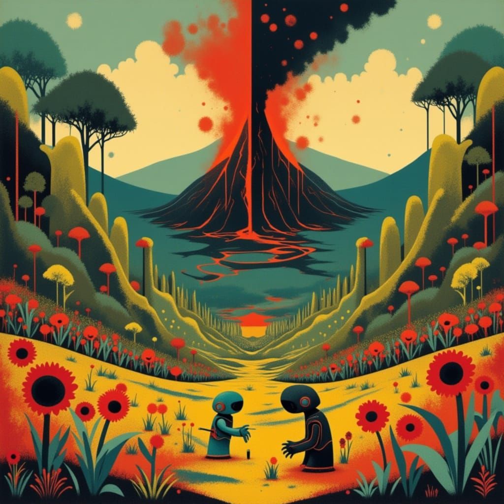 Harmonious Chaos: Garden and Volcano in Anime Style