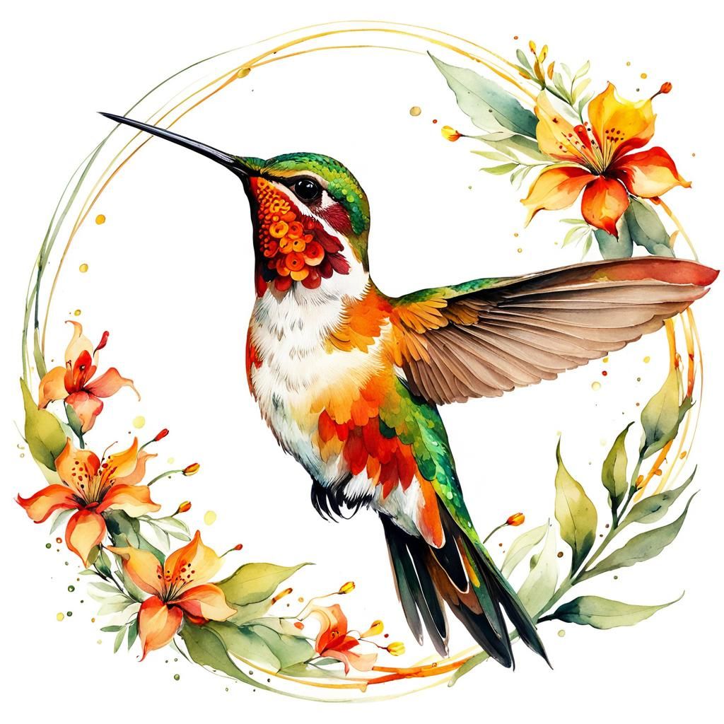 Rufous Hummingbird in Watercolor Flower Swirl
