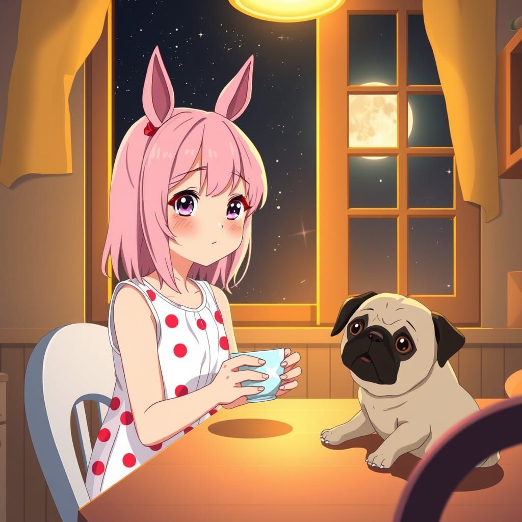 Vibrant Anime Girl Sits with Tea Cup and Pug Puppy Under Sta...