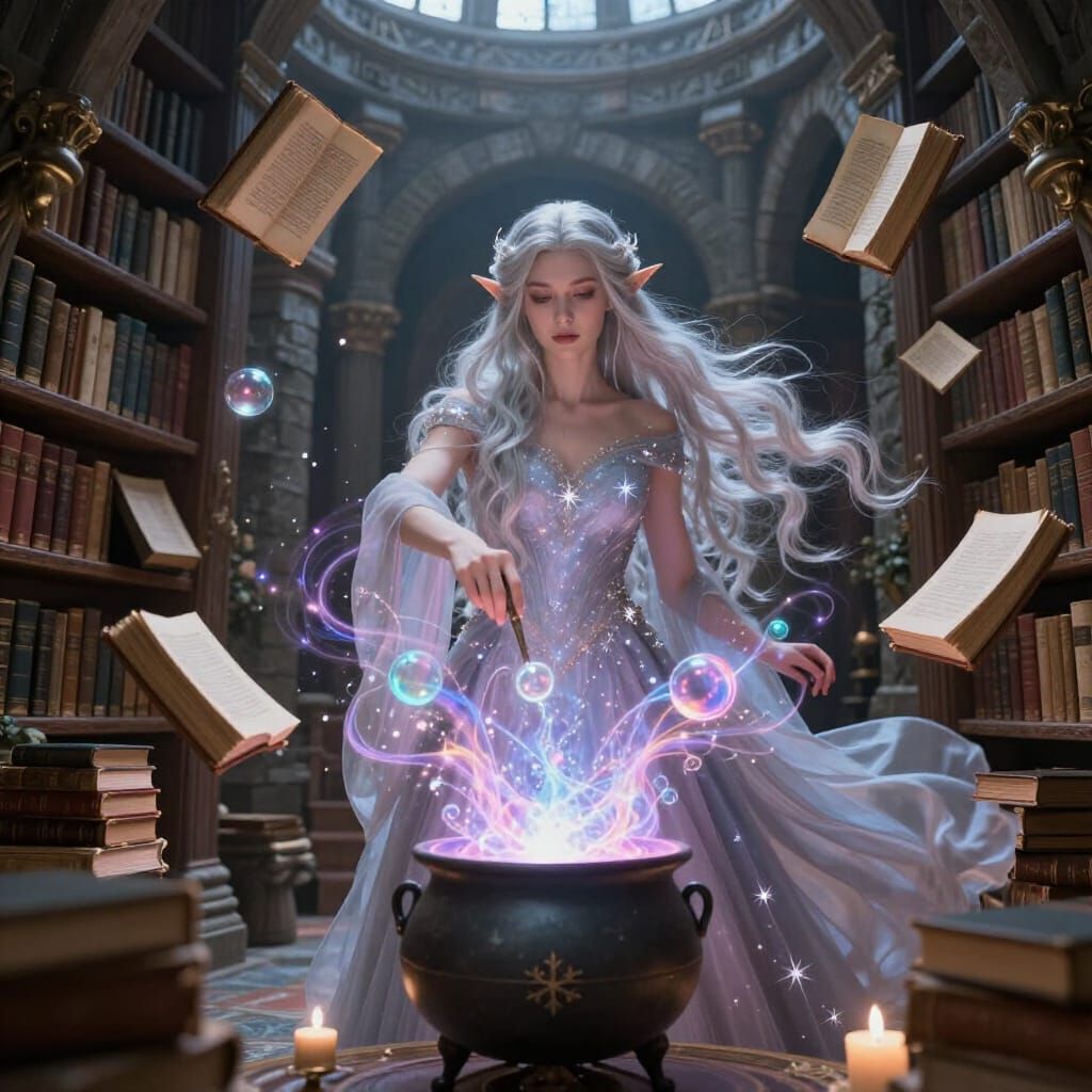 Elf Wizard Conjures Magic in Stone Tower