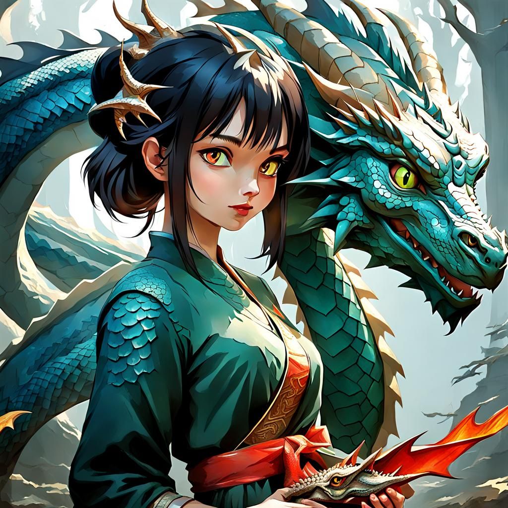 Girl and Dragon Fantasy Art