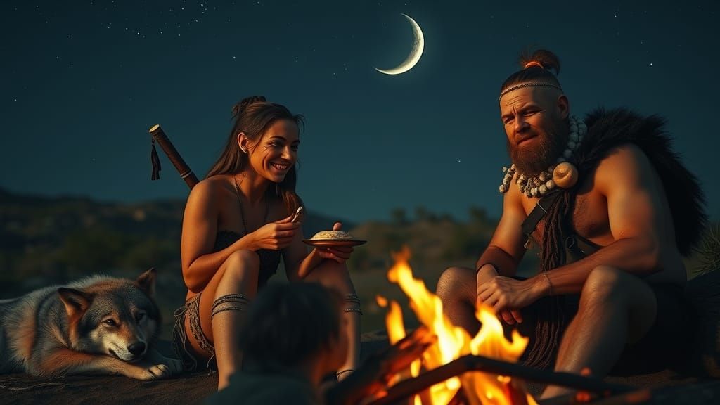 Neanderthal Woman and Hunter Gatherer Share Food