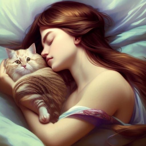 Girl Sleeping Peacefully with Cat: Digital Art