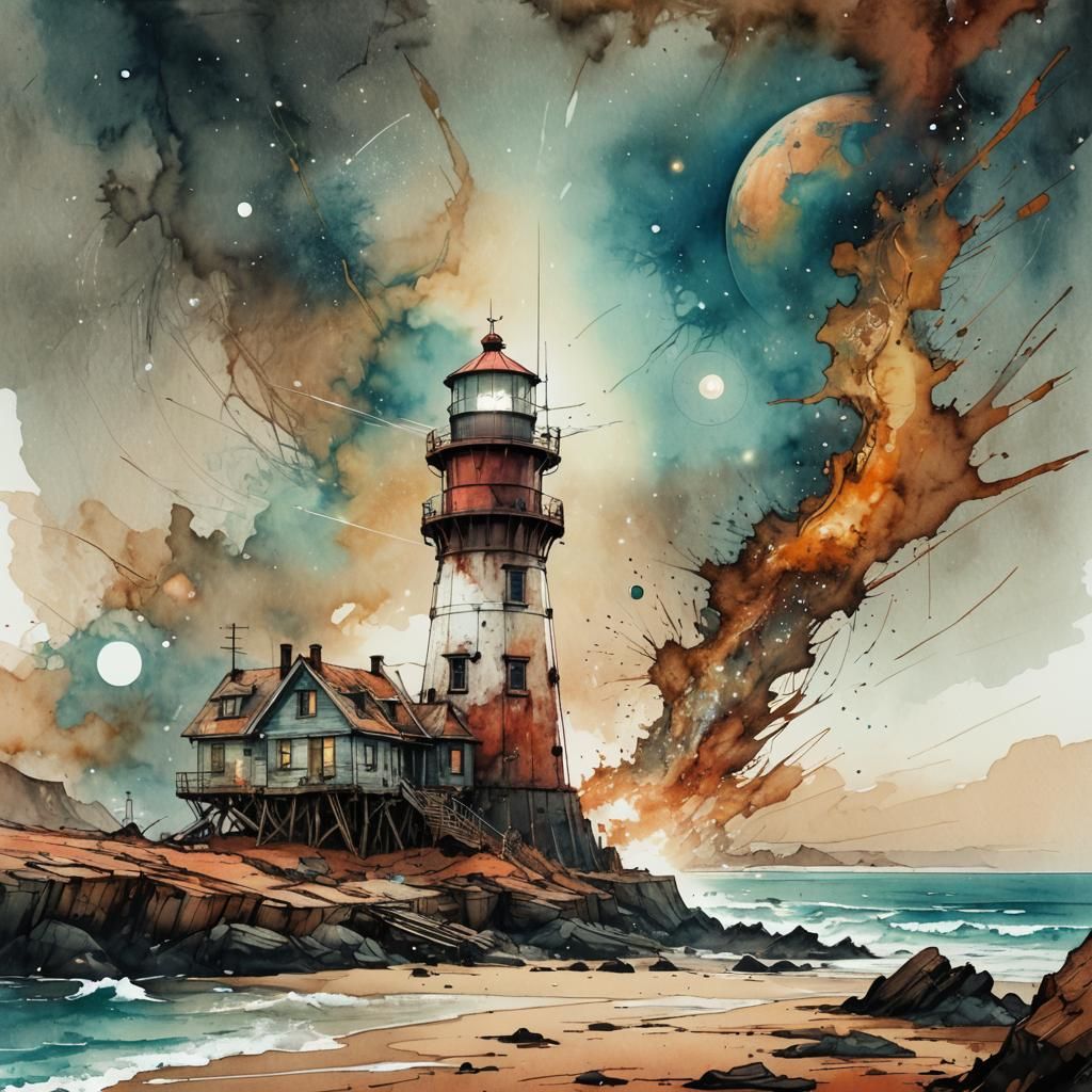 Watercolor Lighthouse on Mars Beach in Space