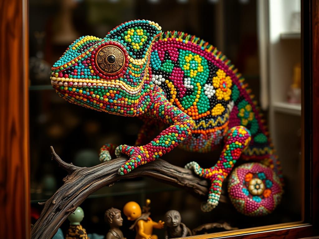 Beaded Chameleon Collage in Cabinet of Curiosities