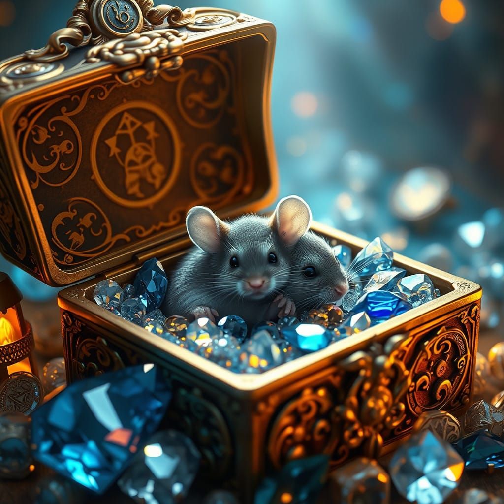 Whimsical Baby Mouse Surrounded by Jewels in Ornate Box
