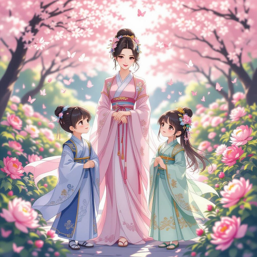 Anime-Style Hanfu Woman with Children in Flower Garden