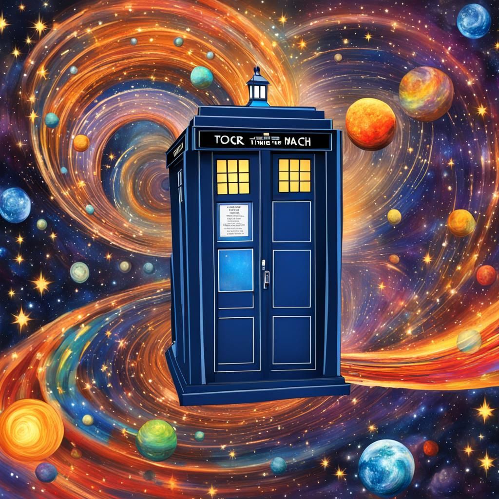 Dr Who Tardis Time travel machine travelling through cosmic space to another planet
