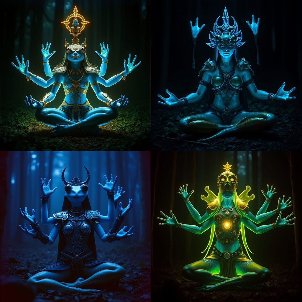 Mystical Blue Frog Goddess Meditates in Dark Forest