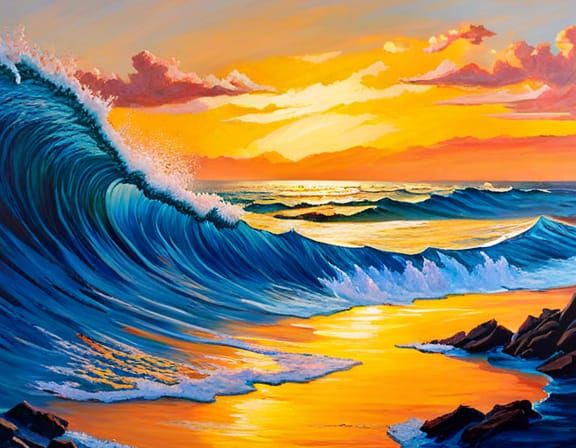Oceanic Sunset Waves as Oil Painting