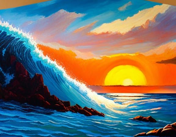 Oceanic Sunset Waves in Oil Painting Style