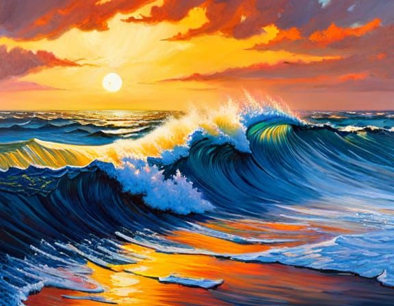 Oceanic Sunset Waves as Oil Painting