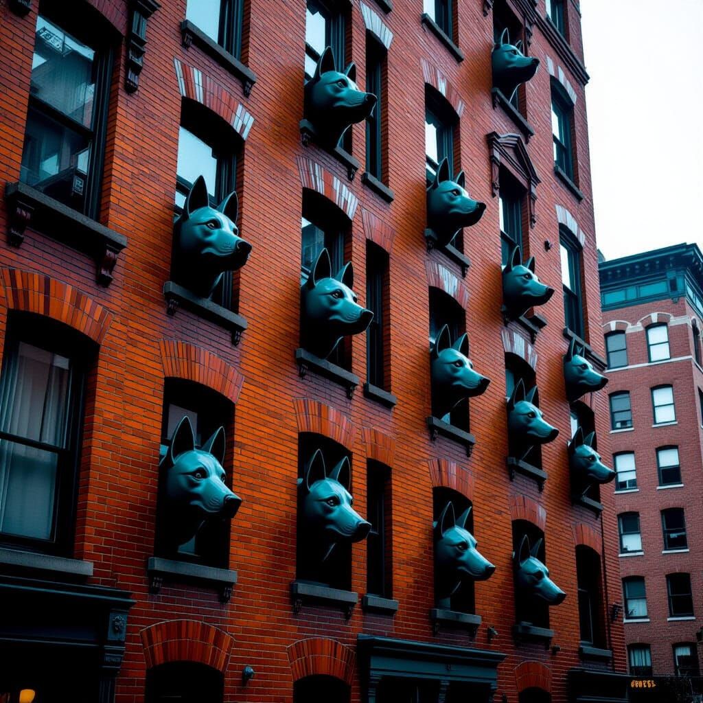 Windswept Building with Dog Heads in Dramatic Rain
