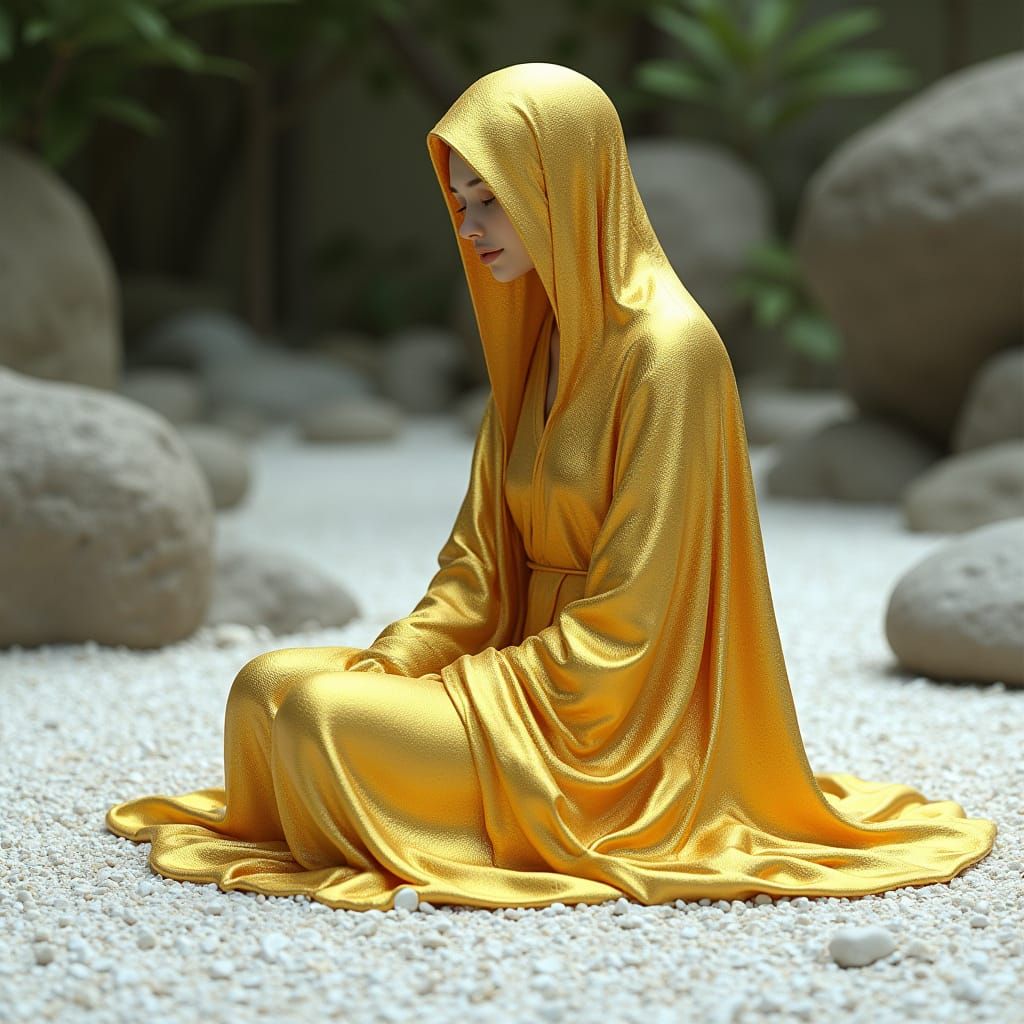 Golden Figure in Serene Zen Garden