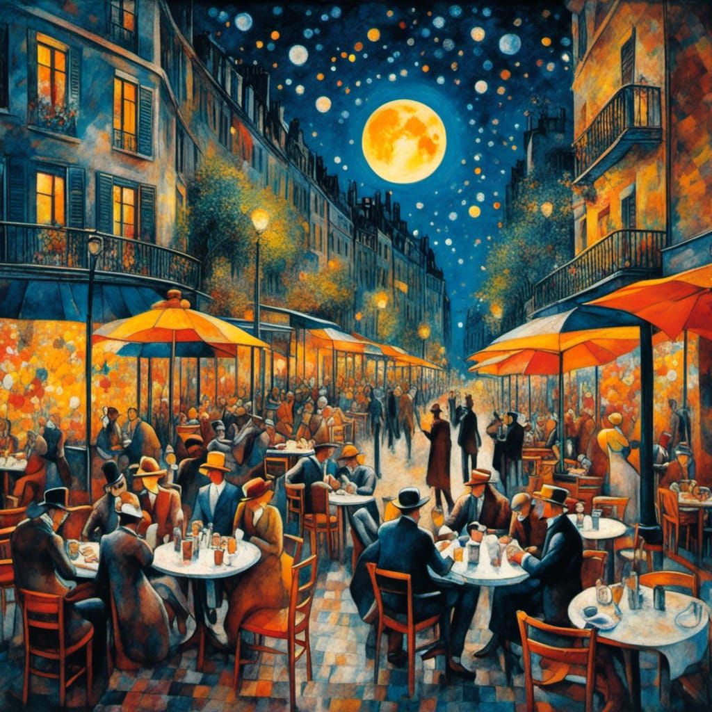 Paris Cafe Terrace at Night in Dadaism Style
