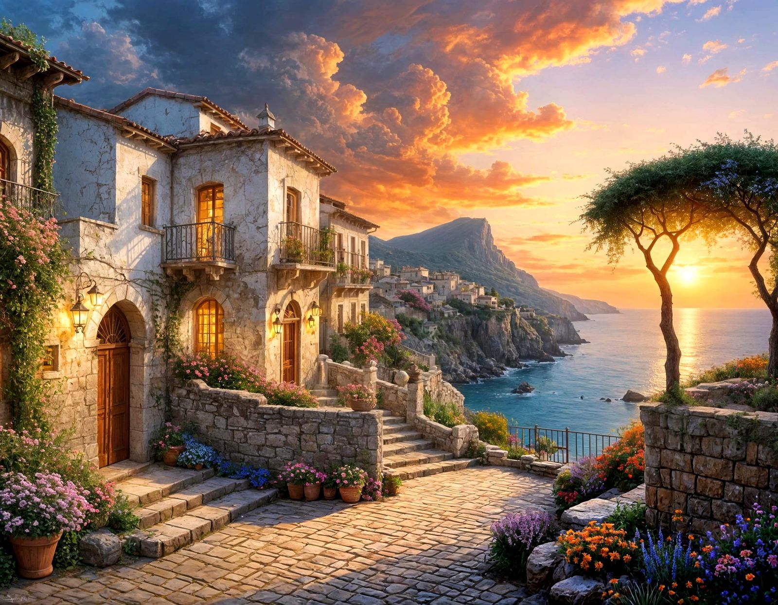 Ethereal Sicilian Town Scene under Twilight