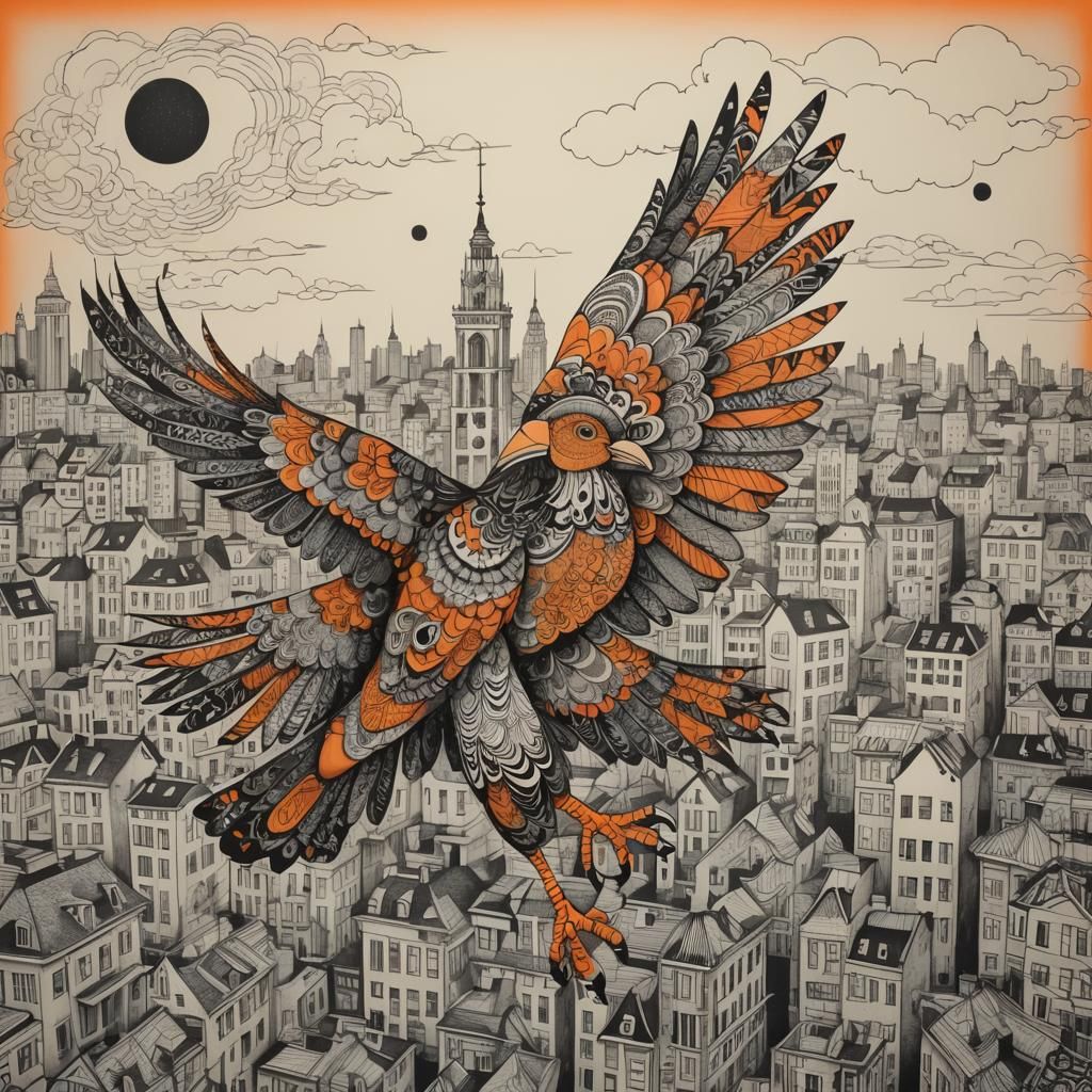 A Bird  flying above the  city