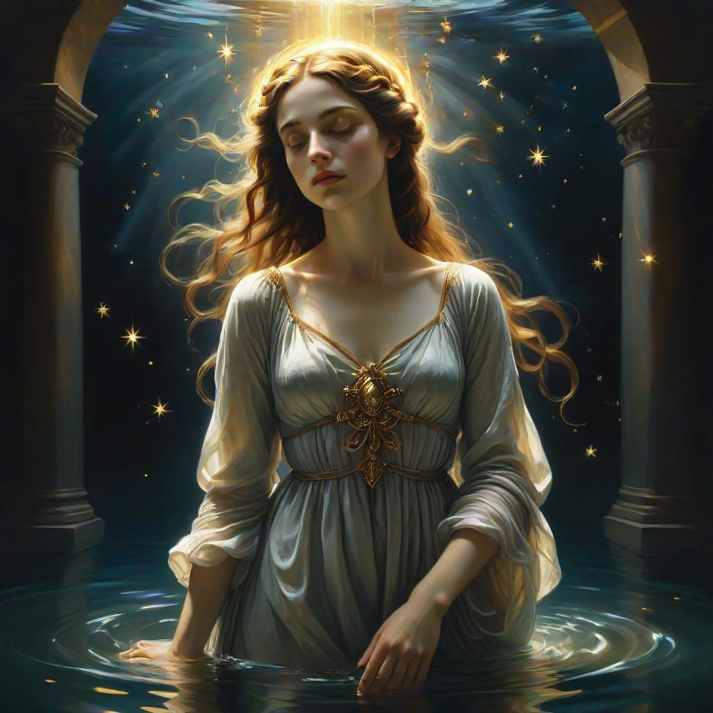 Ethereal Oracle Gazing into Celestial Pool in Renaissance St...