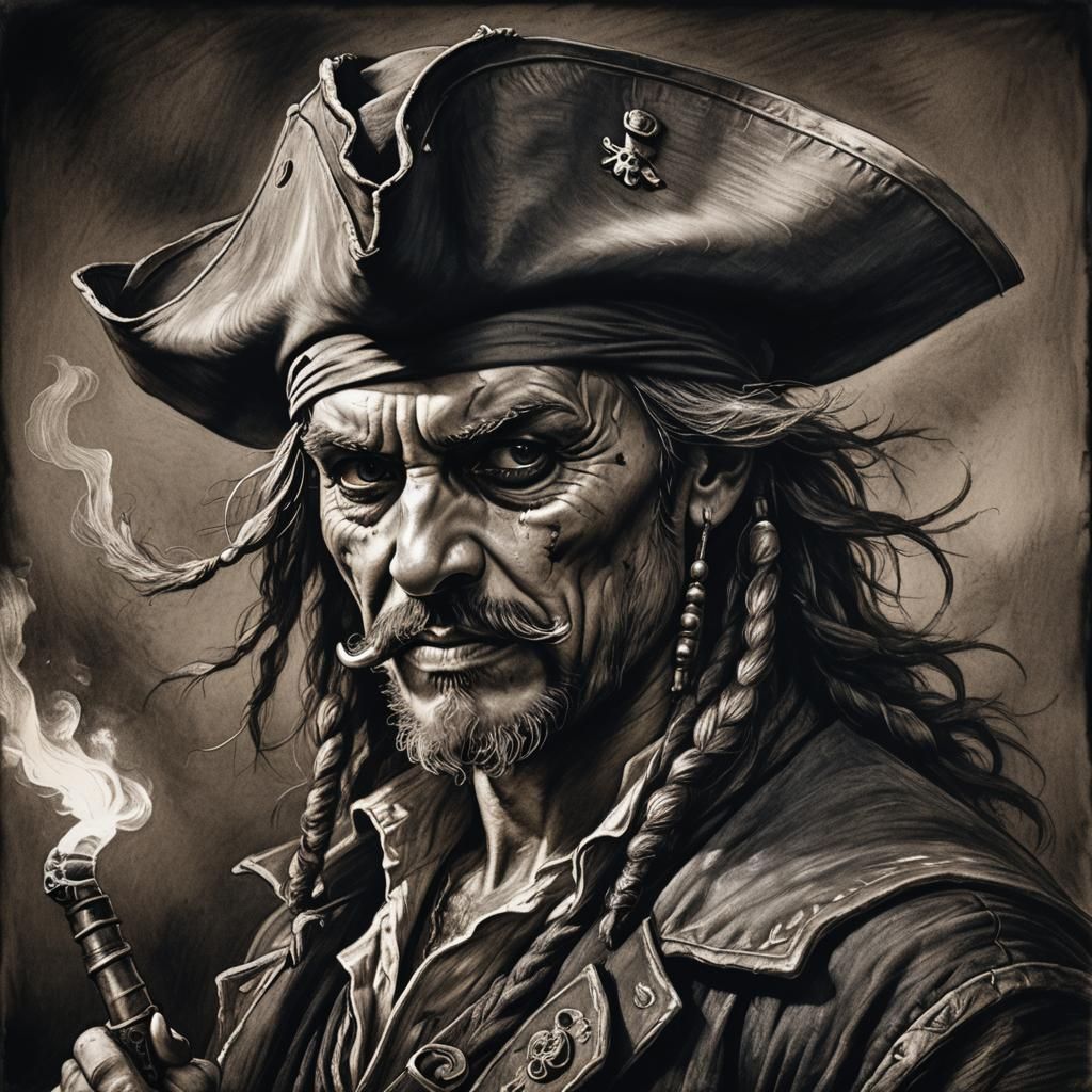 Pirate with Saber: Hyperdetailed Charcoal Drawing