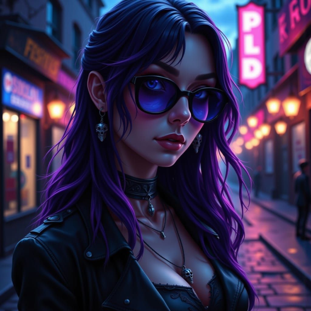 Gothic Woman with Purple Streaks and Bat Sunglasses at Night