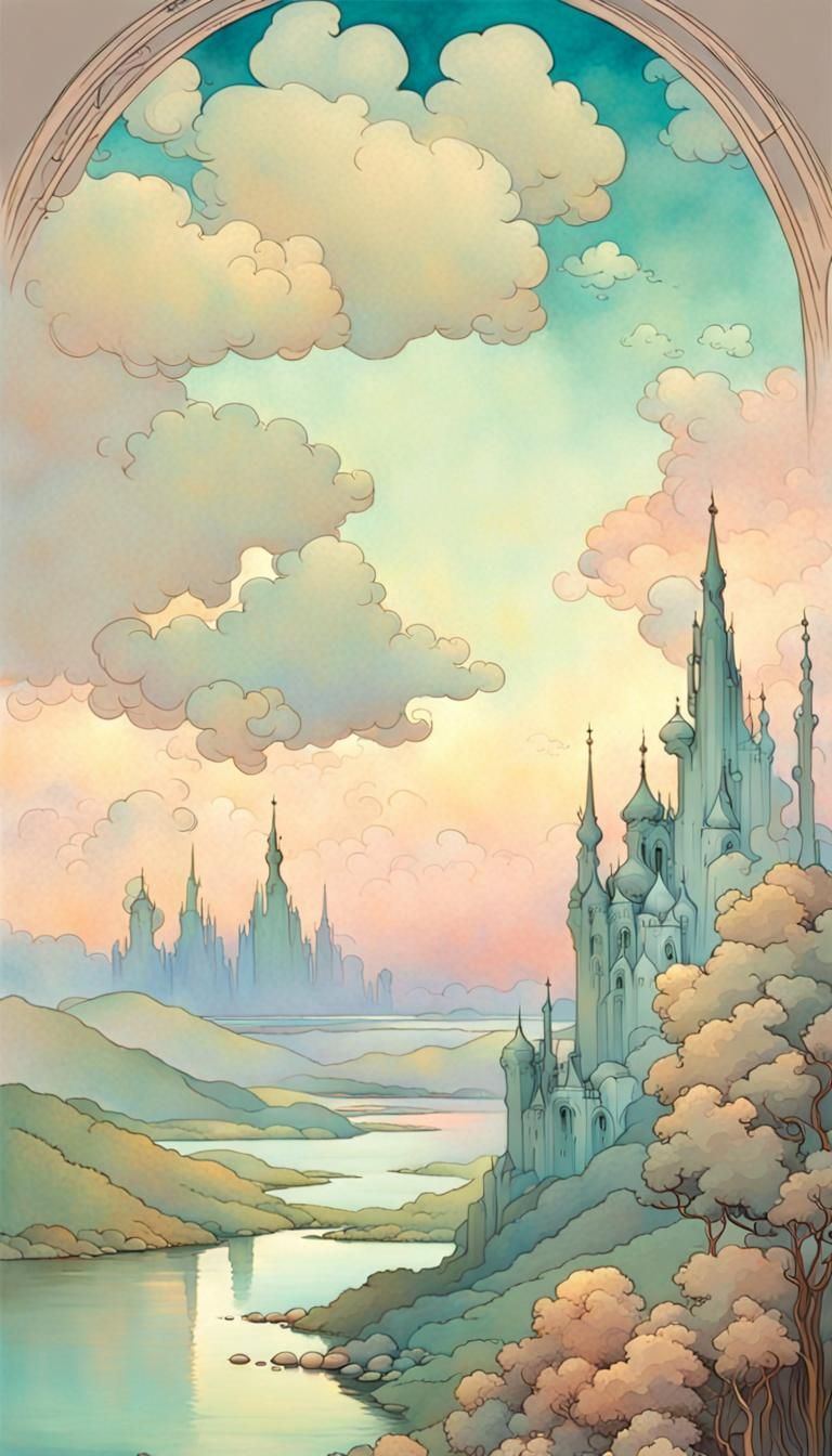 Magical Unrealist Landscape in Art Nouveau Style