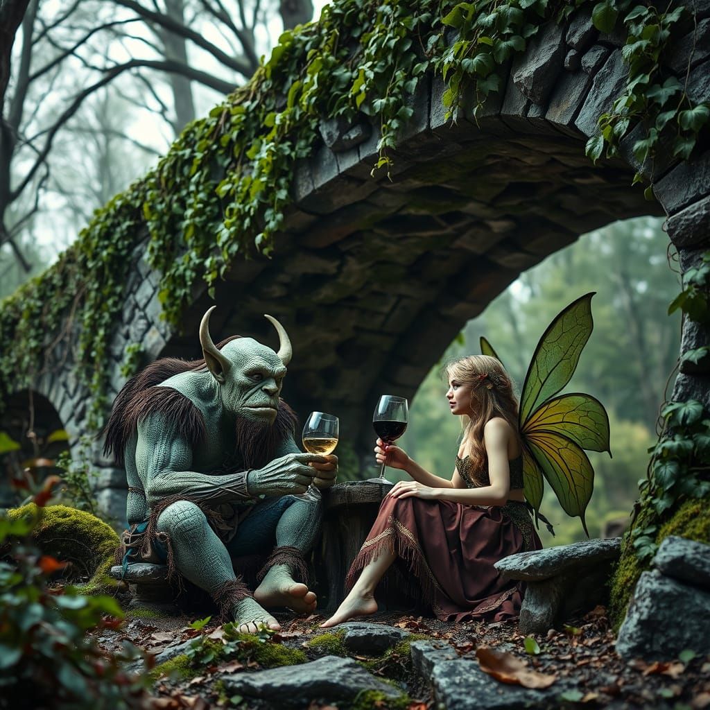 Ogre and Fairy Drinking Wine Under Bridge