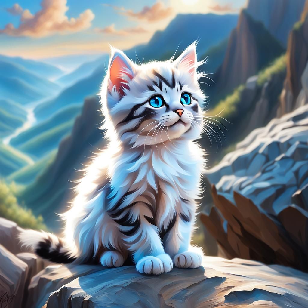 Kitten on Cliff in Impressionist Style
