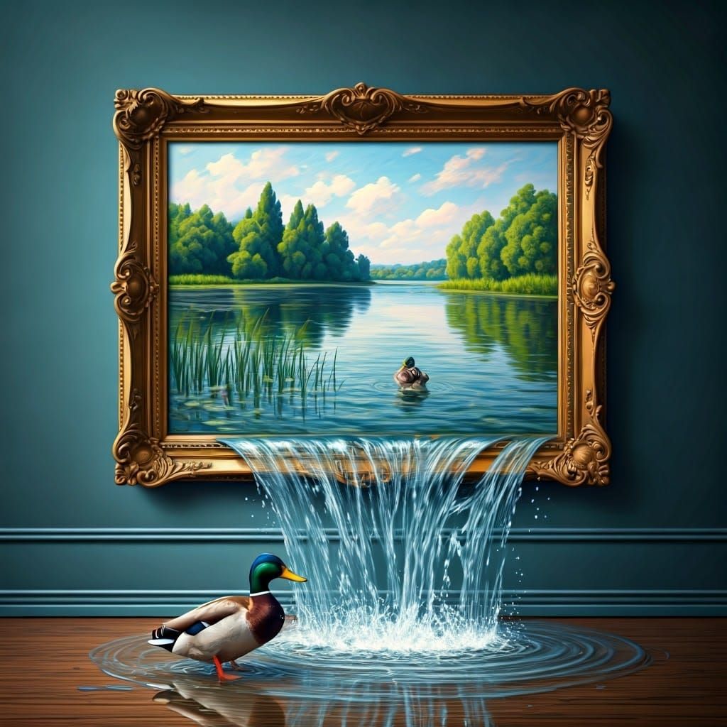 Surreal Lake Scene in Impressionist Style with Water Cascadi...