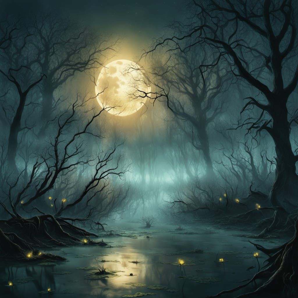 Eerie Fireflies Light Foggy Swamp in Dark Fantasy Art