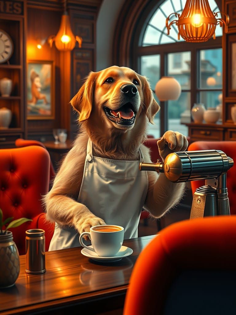 Golden Retriever Barista in Cozy Café