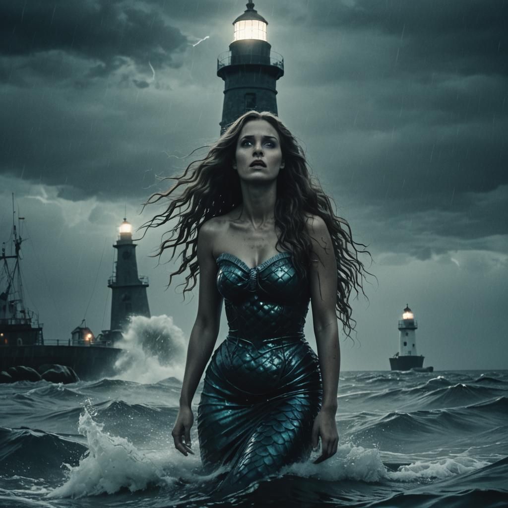 Giant Evil Mermaid in Stormy Seas: Photorealistic Horror