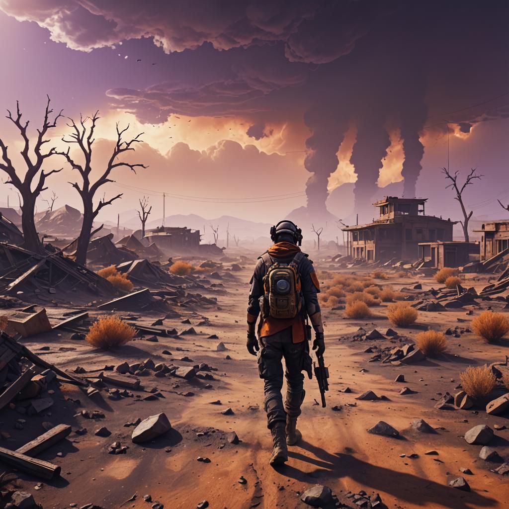 Apocalyptic Survivor in Surreal 3D Landscape