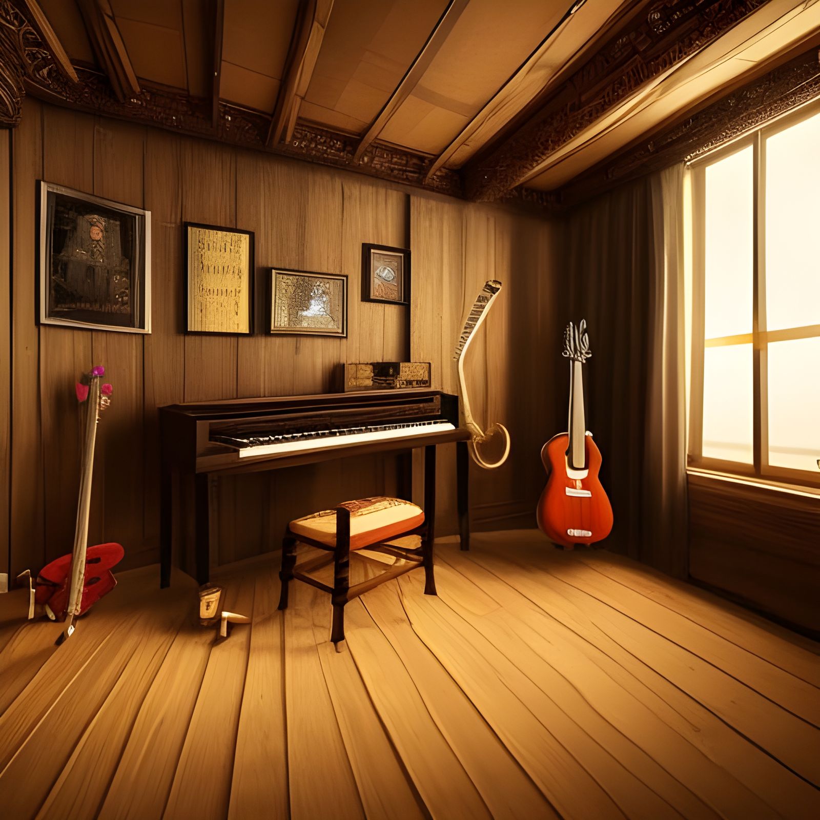 Detailed Music Studio with Piano and Drums