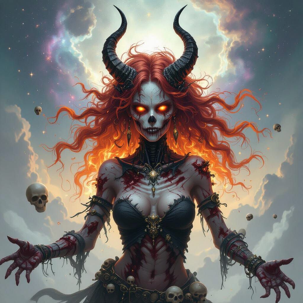 Evil Space Sorceress with Flame Hair and Stardust