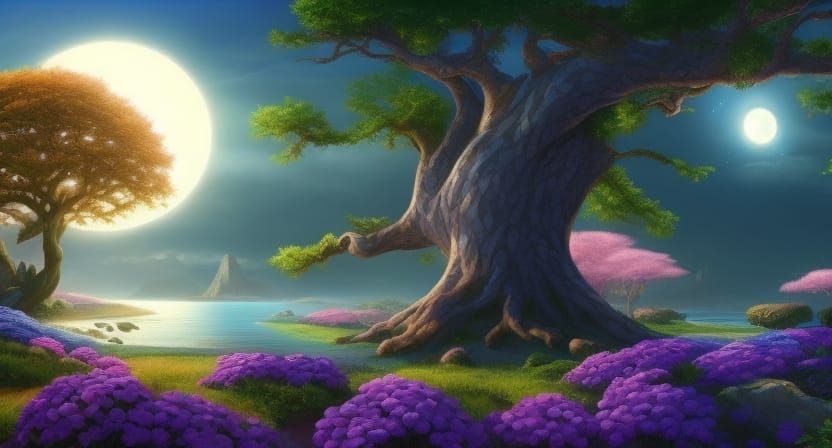 Iridescent Fantasy Landscape with Sparkling Sun and Flowers