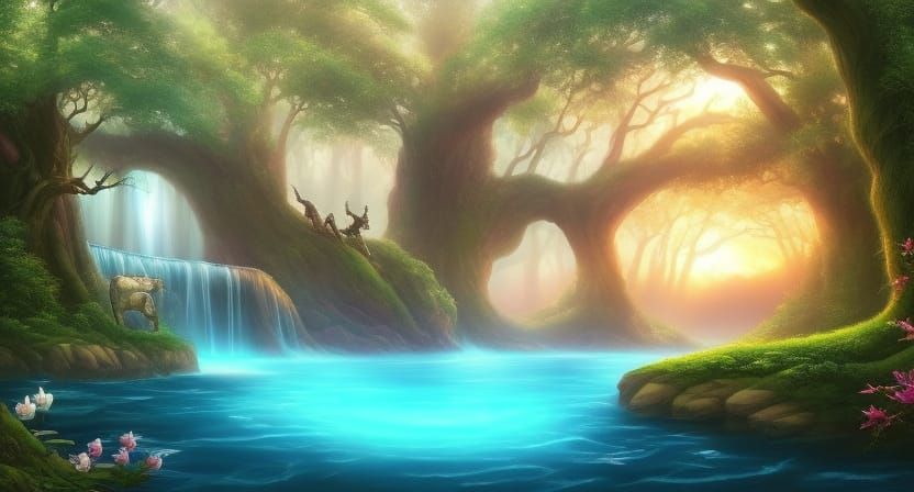 Iridescent Fantasy Landscape with Luminous Sun