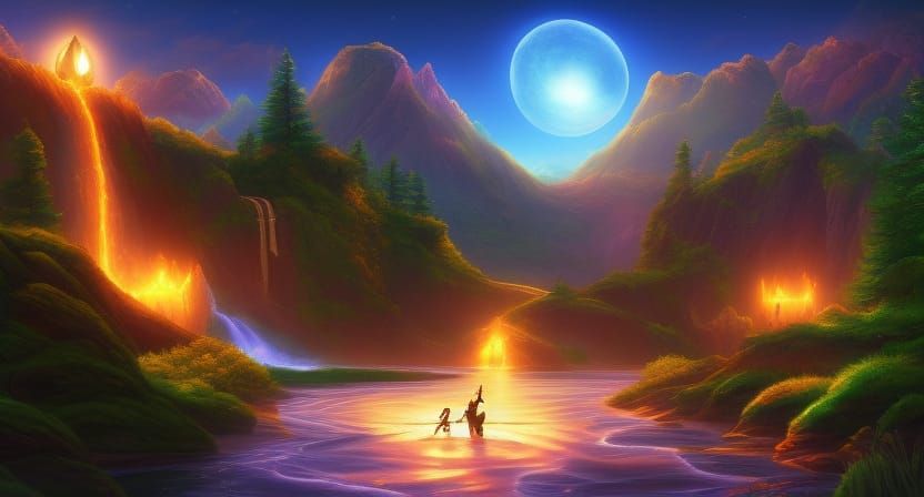 Iridescent Fantasy Landscape with Luminous Sun in Aetherpunk...
