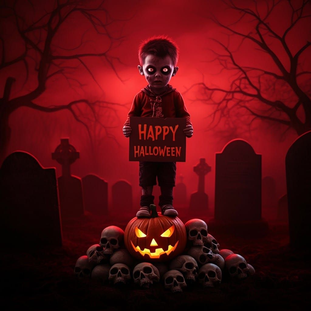 Halloween Zombie Ghost in Cemetery, Cartoon Style