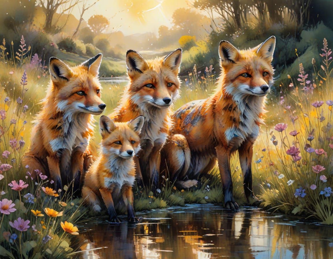 Fox Family in Wildflower Meadow: Watercolor Painting